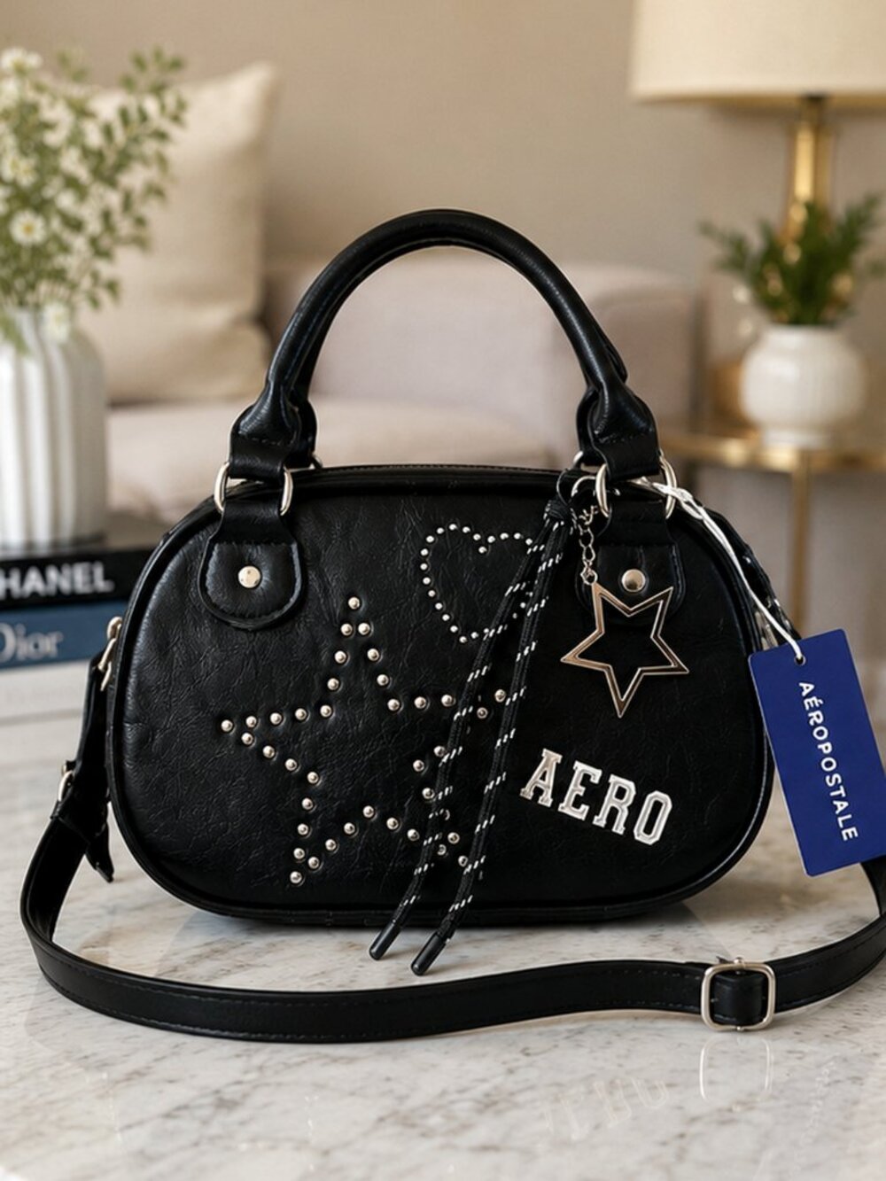 Aéropostale Black Studded Bowler Satchel Crossbody SMCH053 NWT